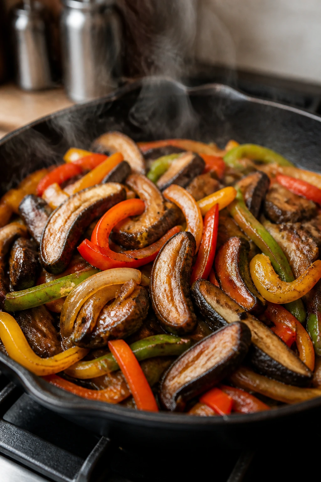 Close-up of portobello fajitas with peppers and onions in a skillet