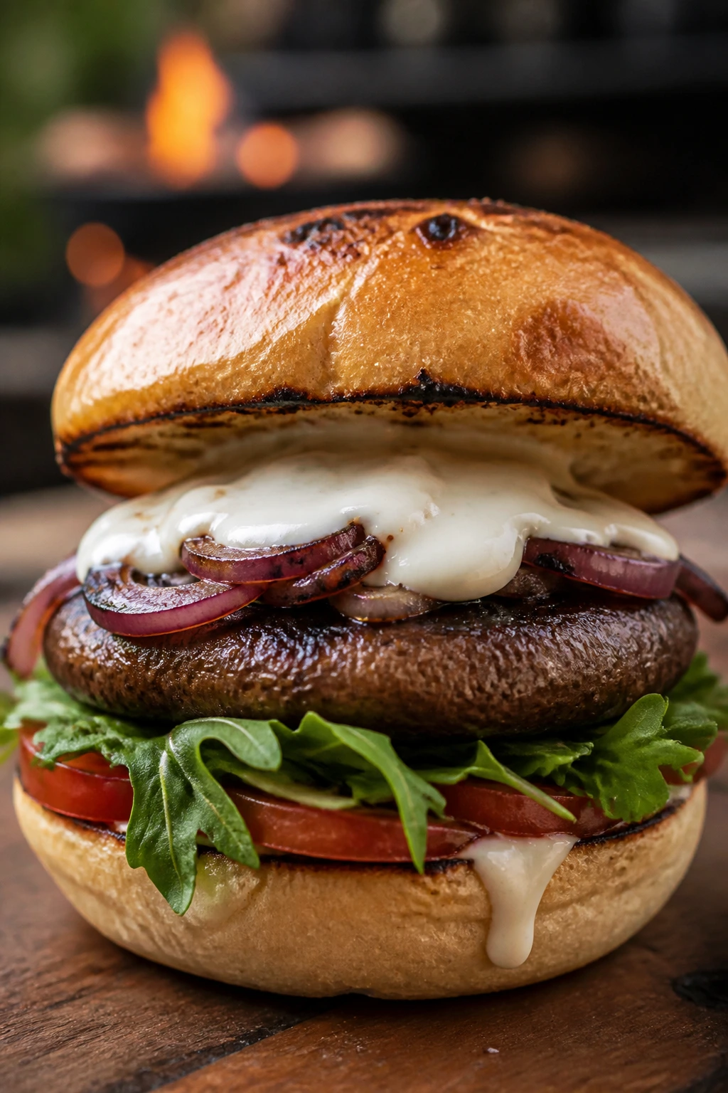 Grilled portobello mushroom burger with garlic aioli on bun