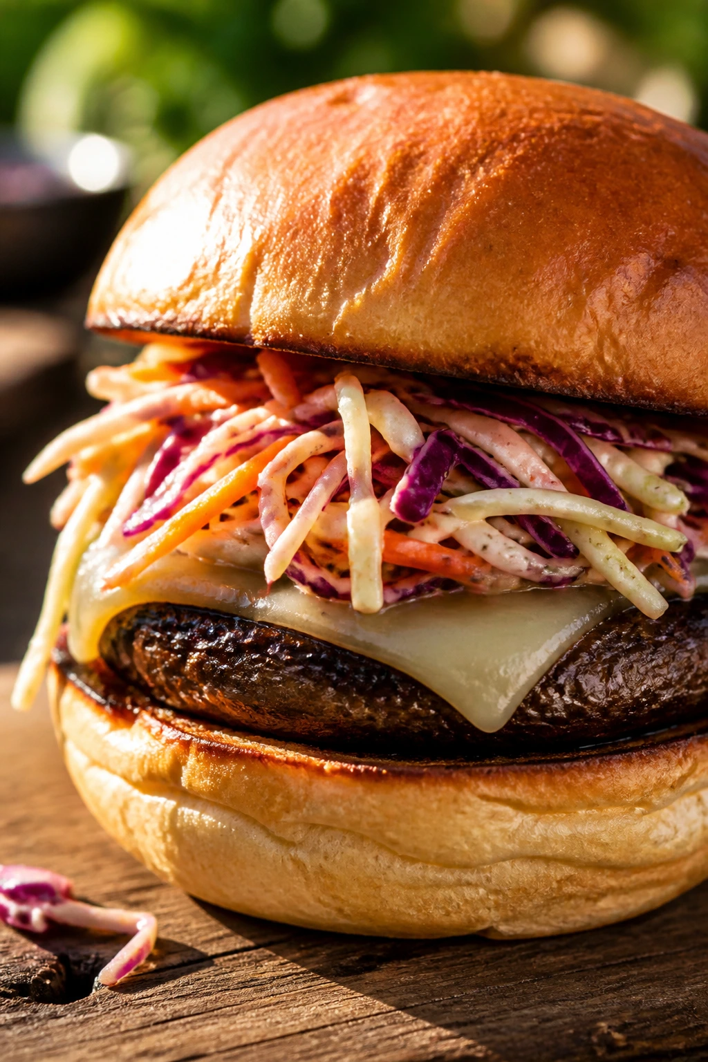 Close-up of a portobello mushroom burger with slaw