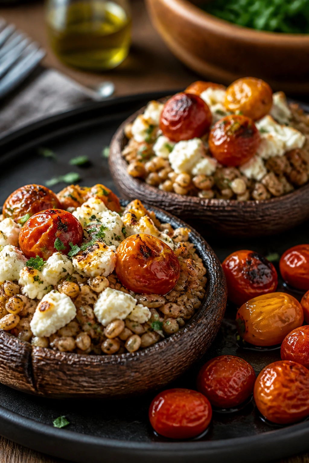 Stuffed Portobello mushrooms with goat cheese and farro