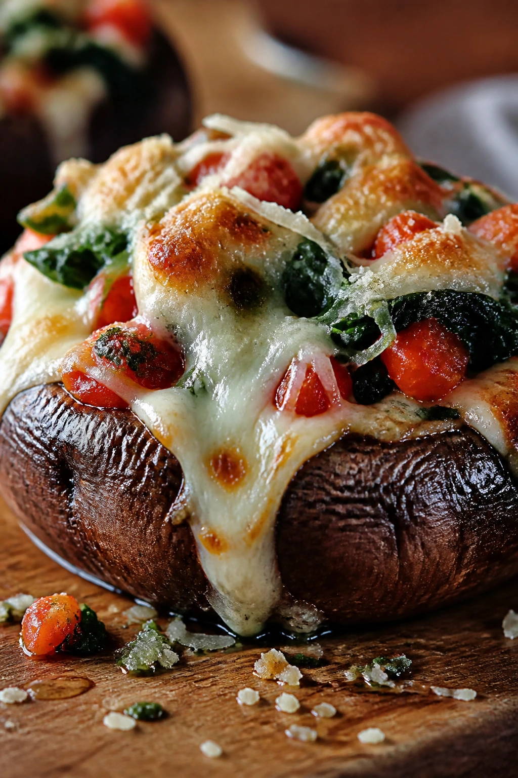 Stuffed portobello mushroom with spinach and tomato on plate