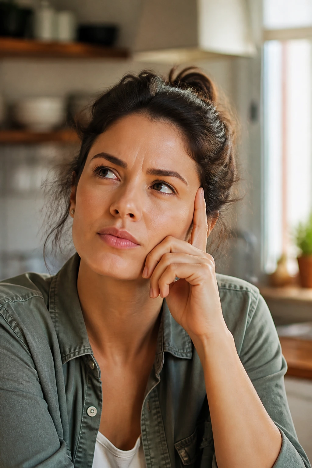 Close-up portrait of a real person in a kitchen with a thoughtful expression