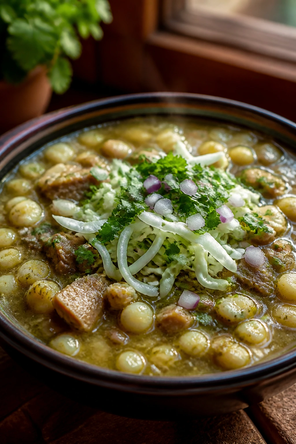 Close-up of pork posole verde in a rustic bowl with toppings