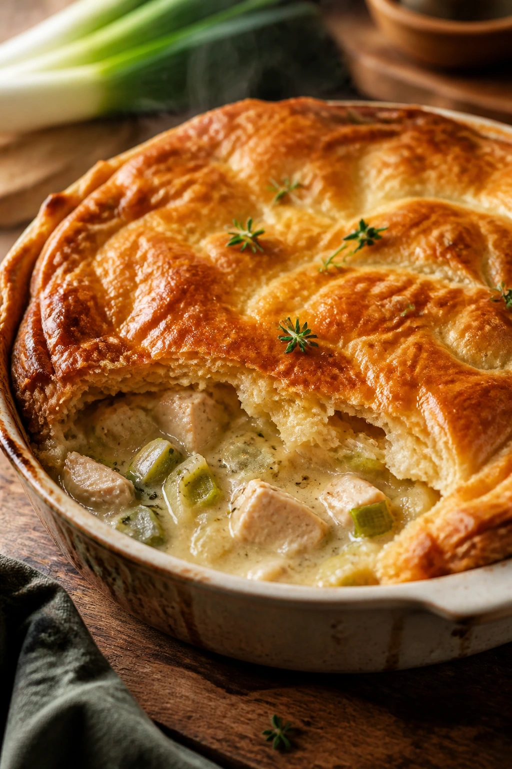 Golden puff pastry-topped chicken and leek pot pie