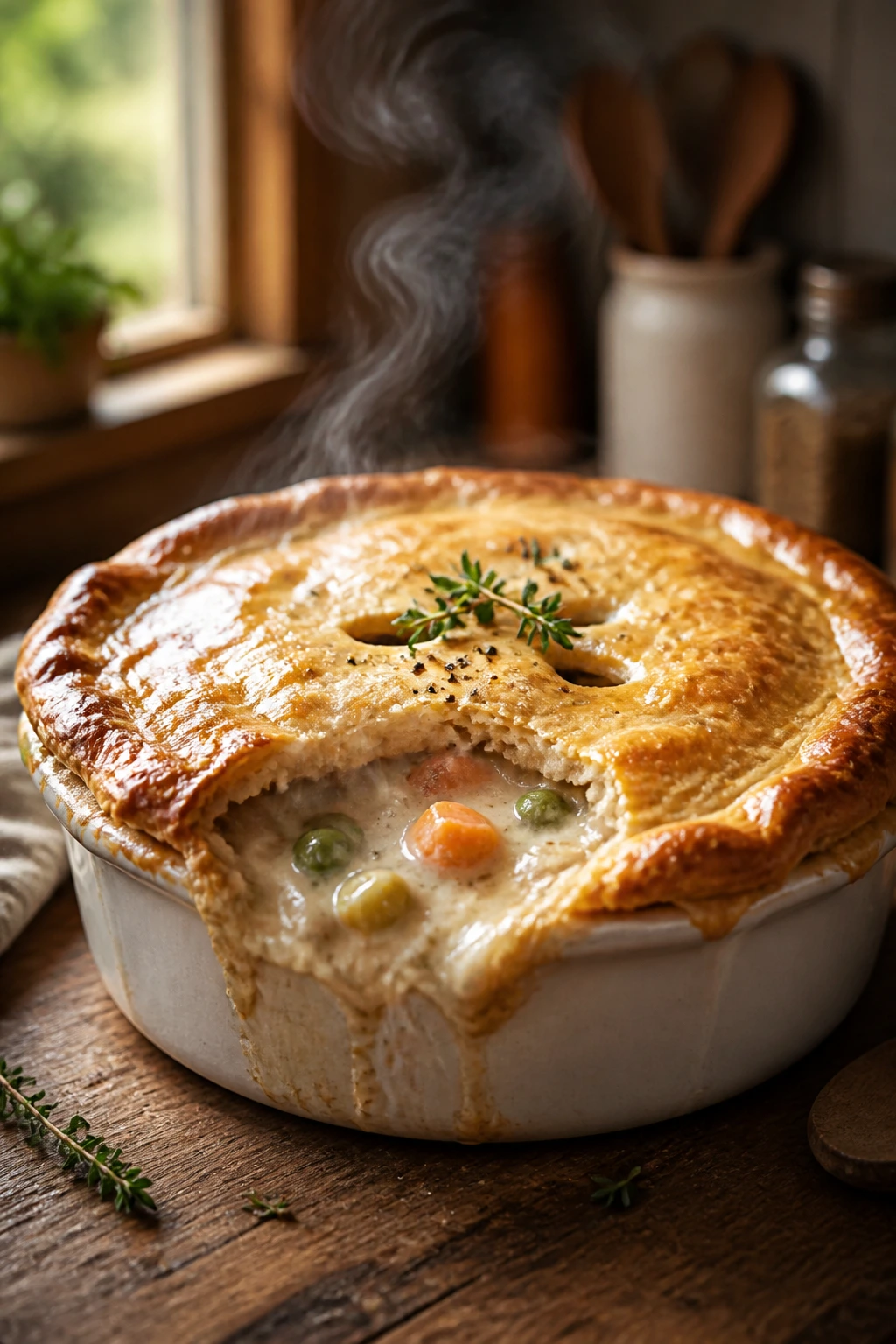 Close-up of a golden pot pie on a rustic table in a warm kitchen.