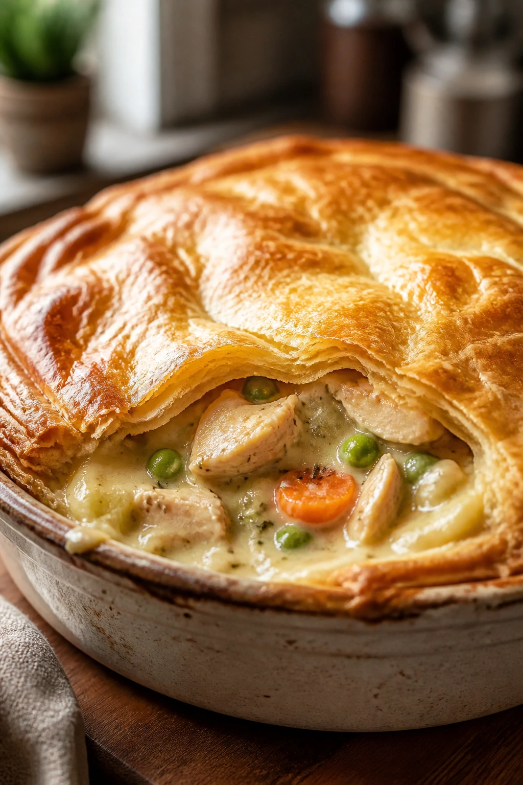 Close-up of a puff pastry-topped chicken pot pie in a rustic dish
