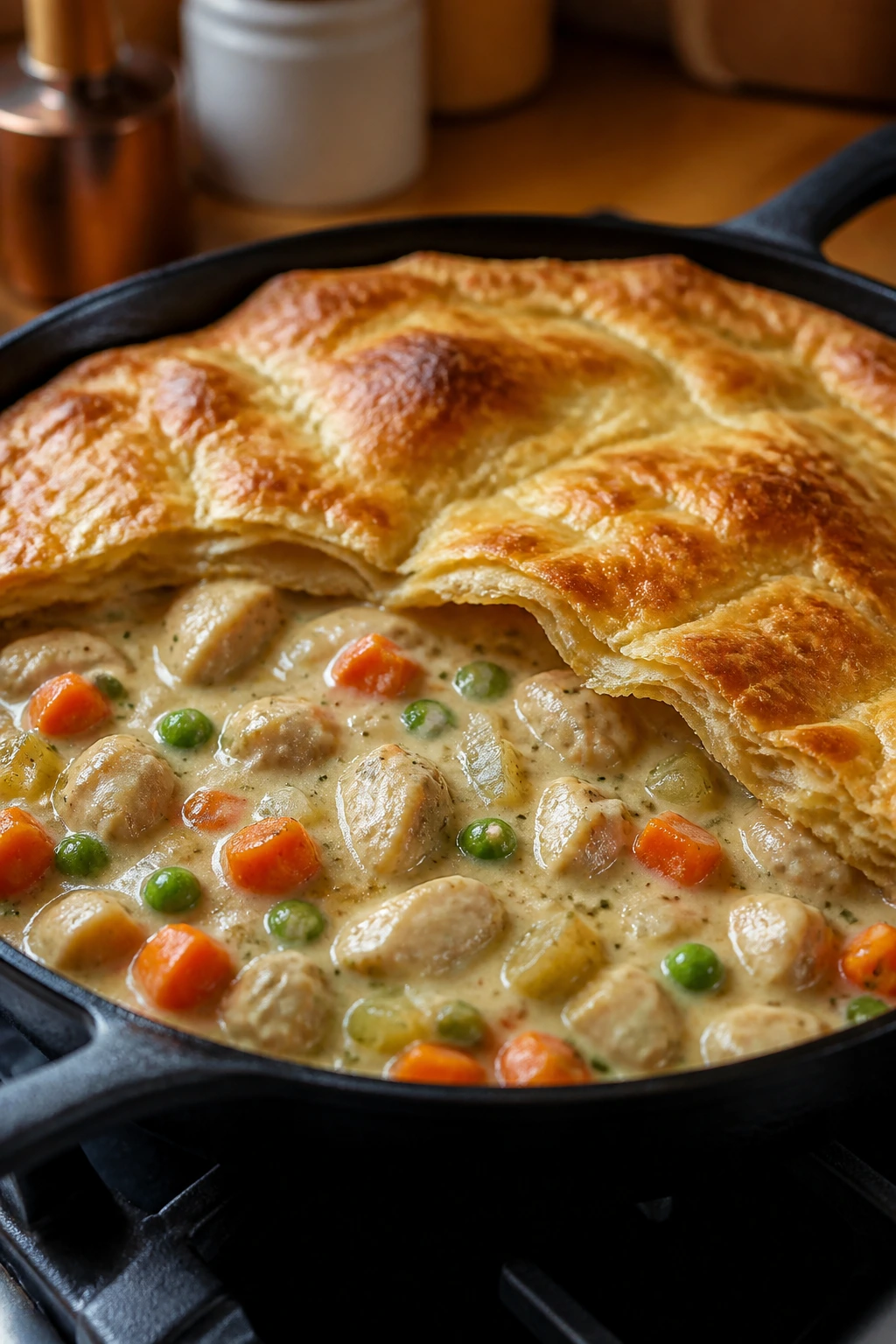 Close-up of Chicken Pot Pie Skillet bubbling with a golden pastry edge, cozy kitchen setting.