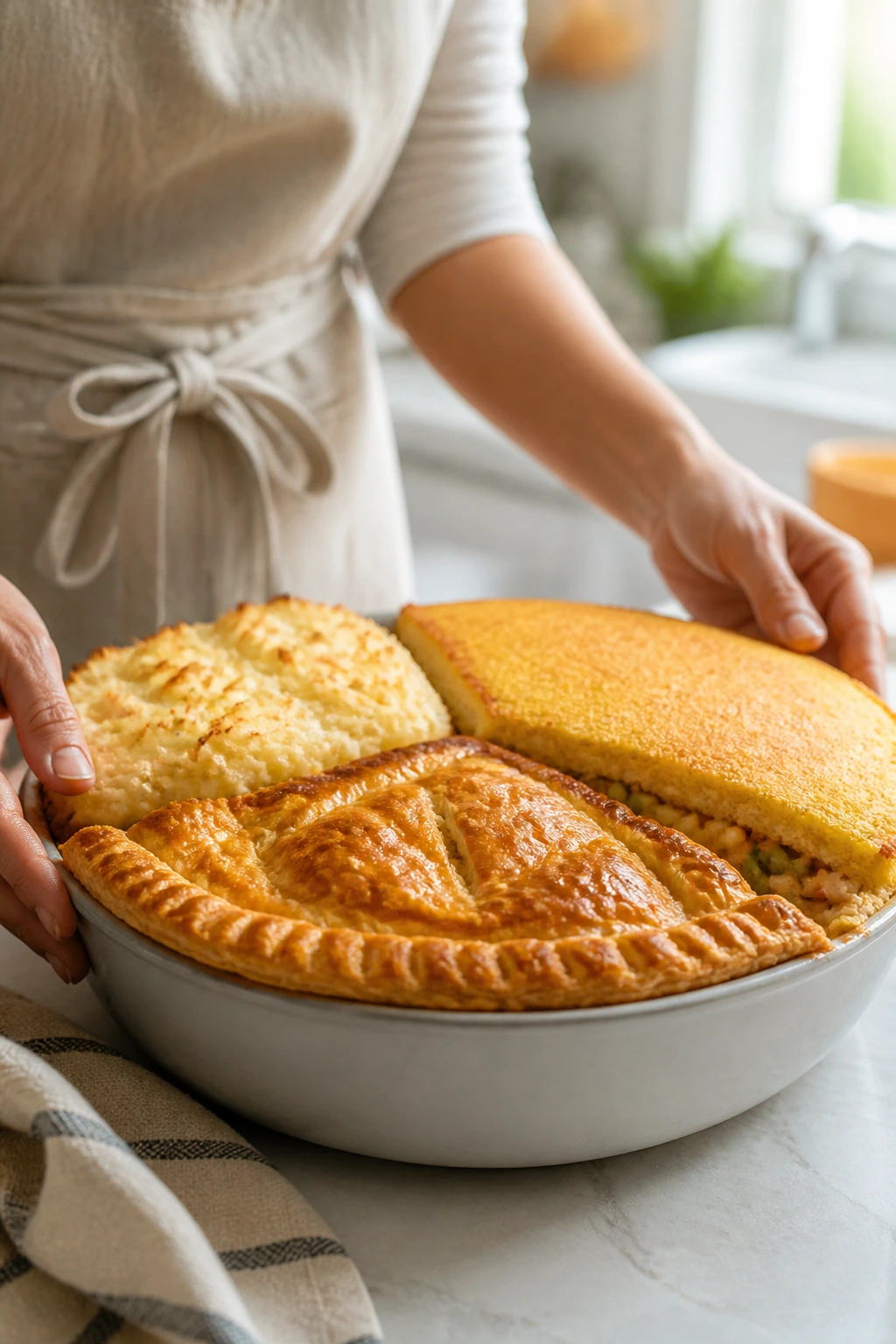 Close-up of pot pie with varied crust textures to illustrate recipe variations