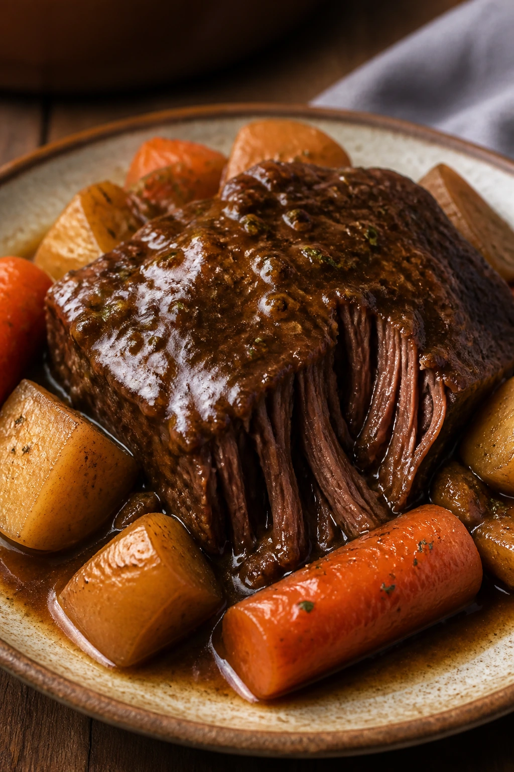 Close-up of pot roast with carrots and potatoes in gravy