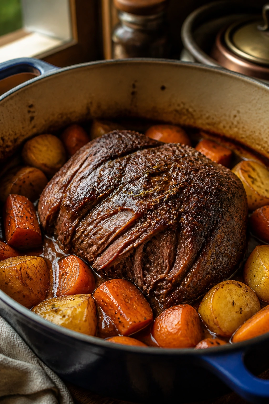 Close-up of pot roast with carrots and potatoes in a braising pan, juicy meat and glossy vegetables