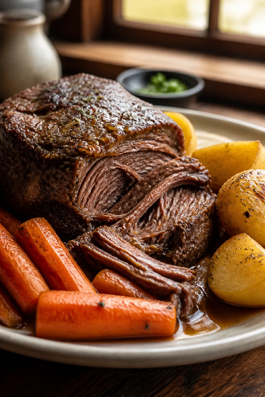 Close-up of fork-tender pot roast with carrots and potatoes and gravy