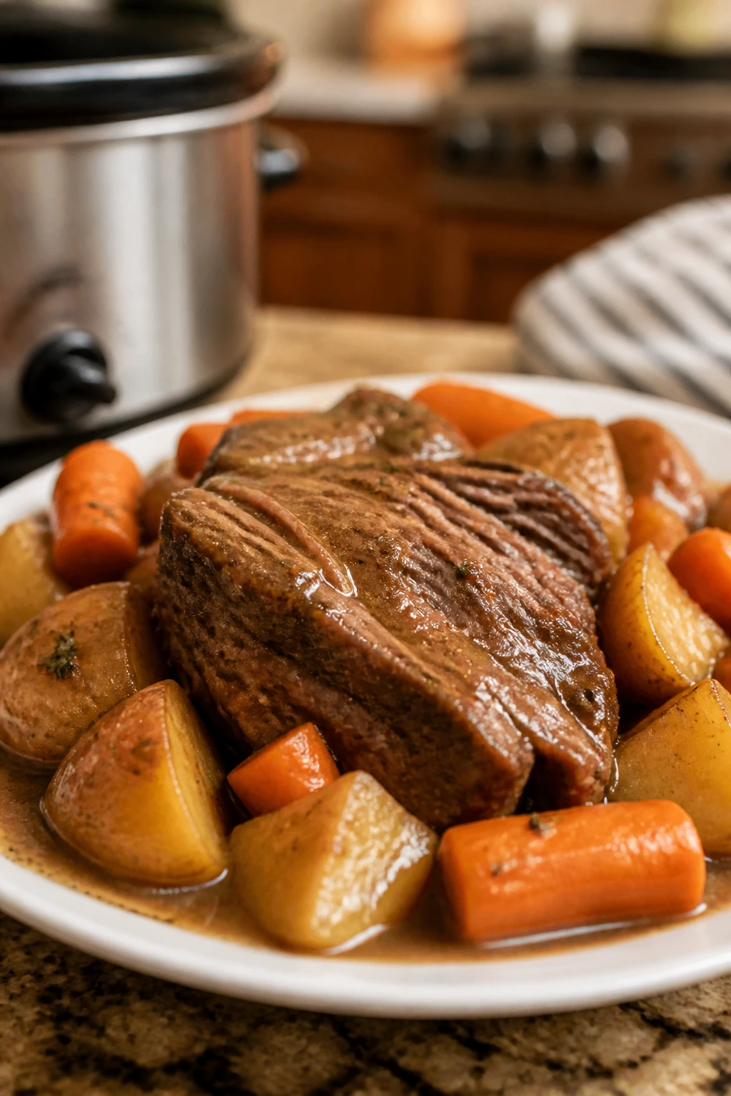 Close-up of pot roast with carrots and potatoes in gravy