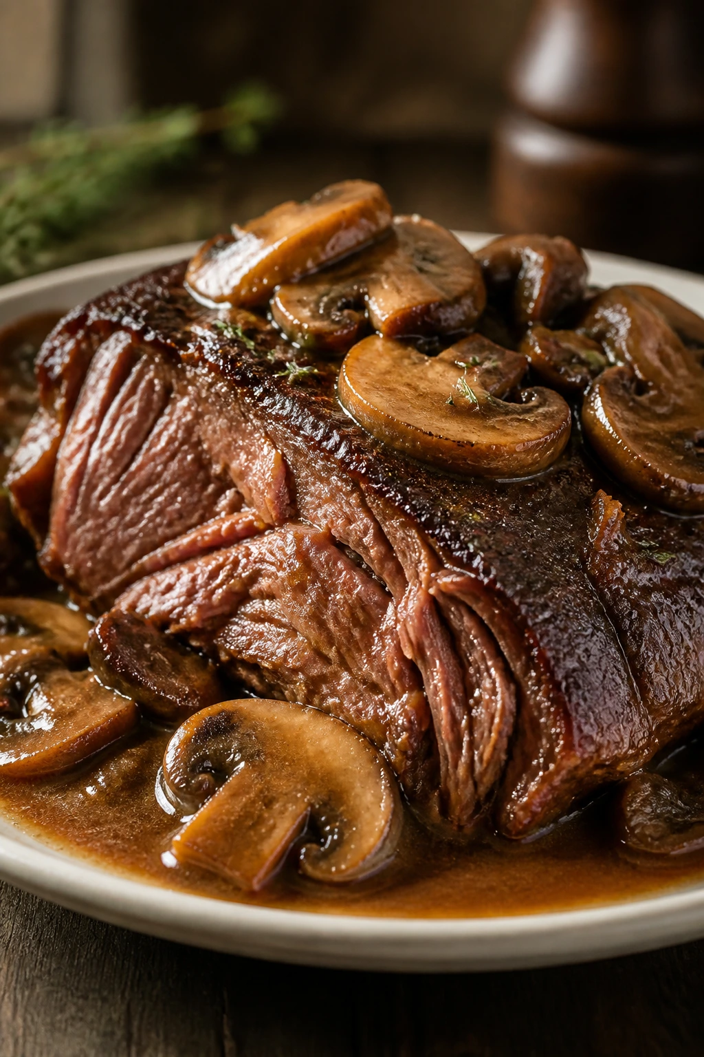 Thick slice of pot roast with mushrooms in gravy on a plate
