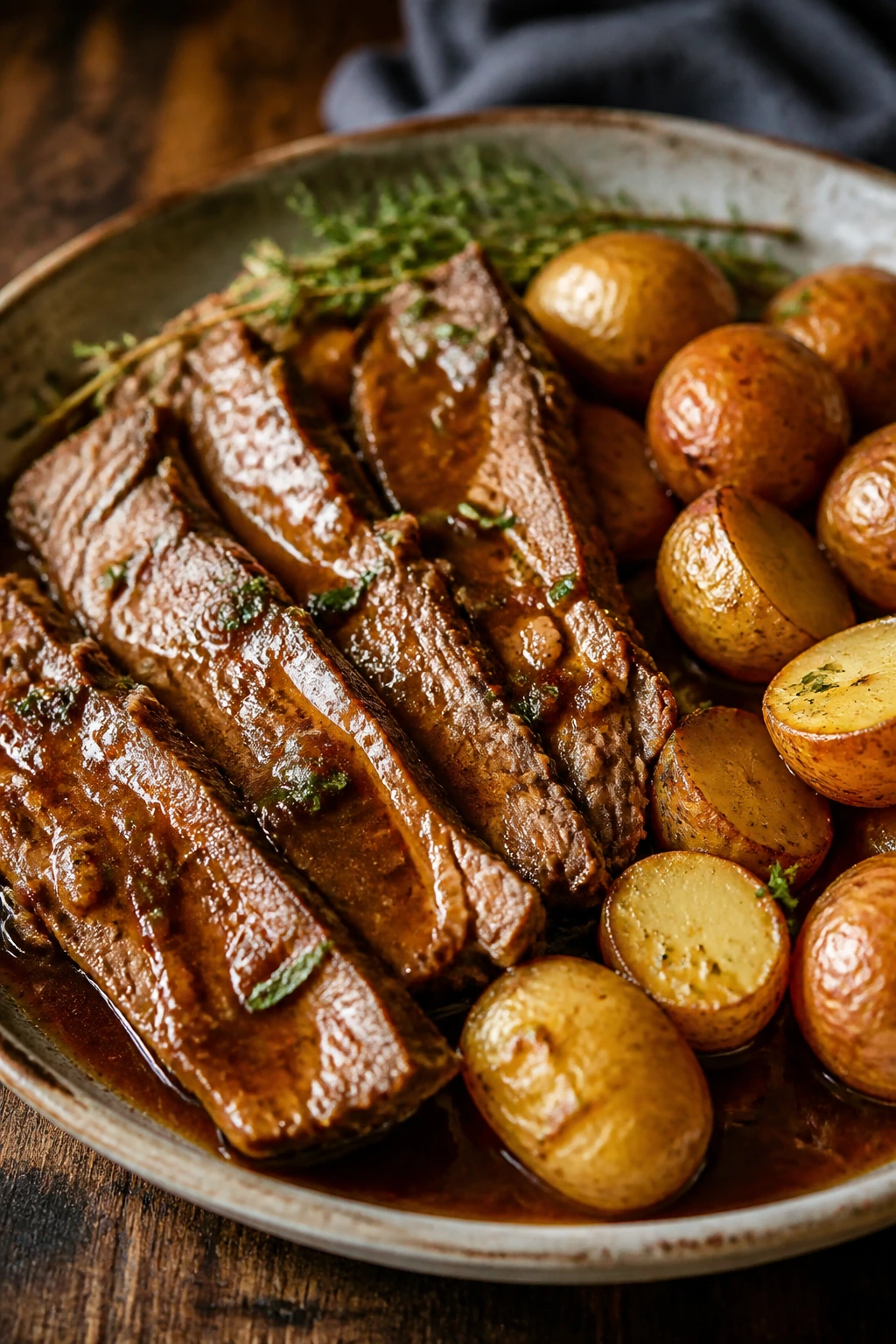 Pot roast with baby potatoes on a rustic plate