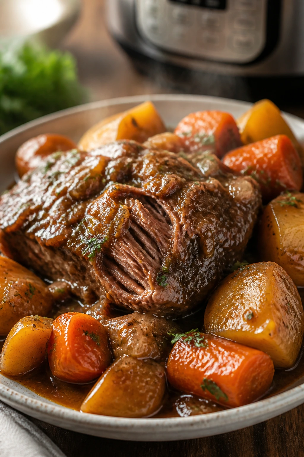 Close-up of pot roast with potatoes and carrots on a plate in a warm kitchen