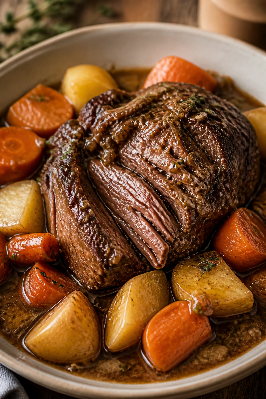 Pot roast with vegetables in gravy filling the frame