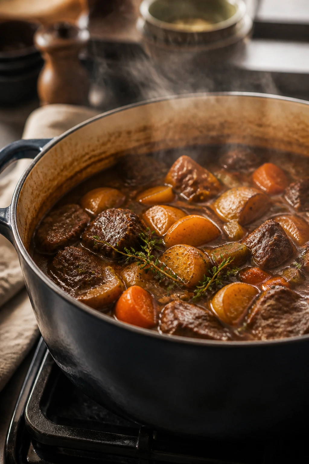 Close-up of a pot simmering with hearty stew in a cozy kitchen