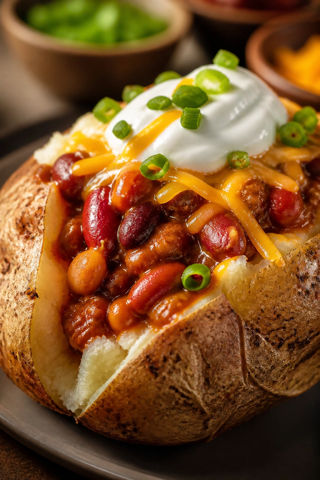 Close-up of a baked potato topped with chili beans and cheese in a cozy kitchen