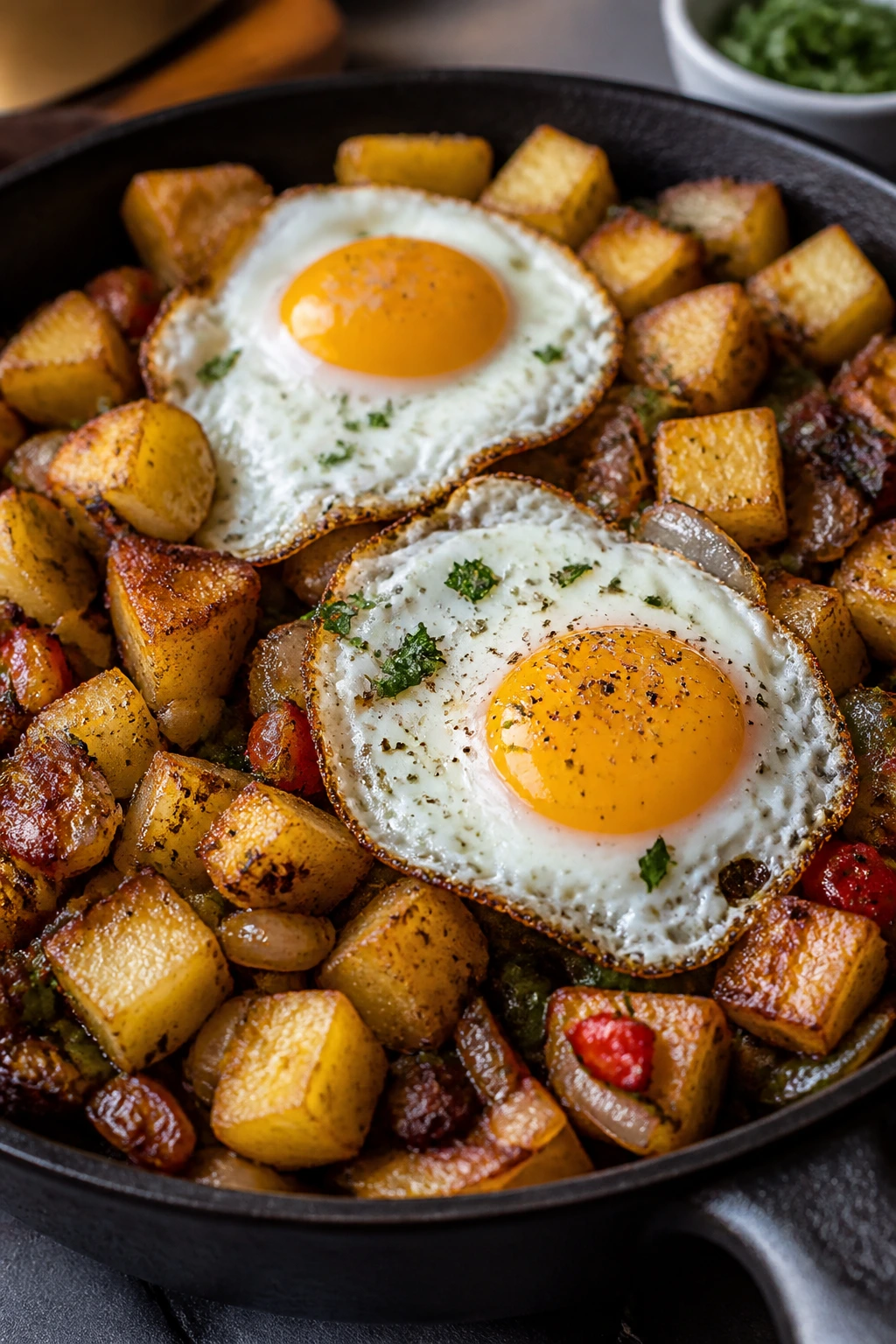 Close-up of potato hash with fried eggs filling the frame