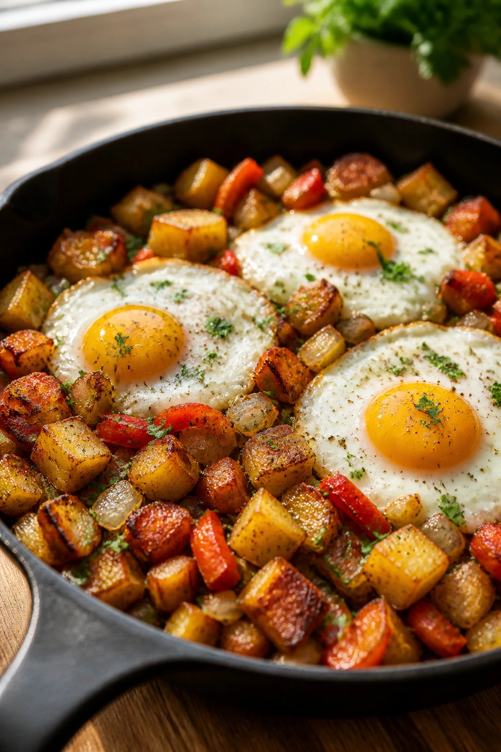 Close-up of crispy potato hash with eggs in a skillet