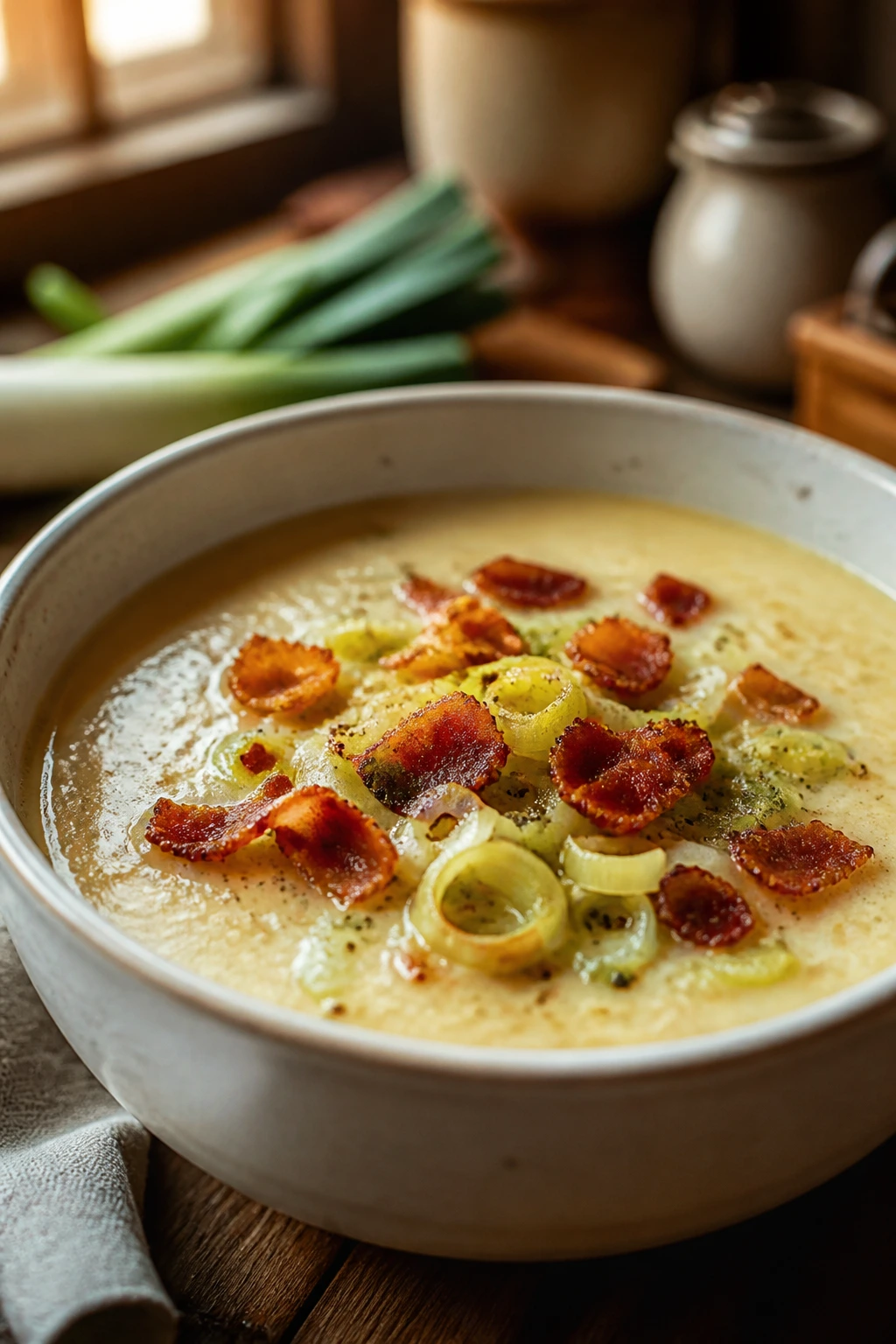Close-up of potato leek soup with crispy bacon topping