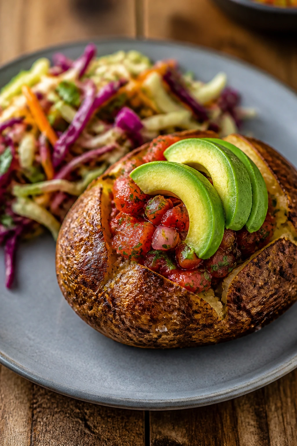 Close-up of a plated roasted potato with salsa and avocado on a rustic wooden table