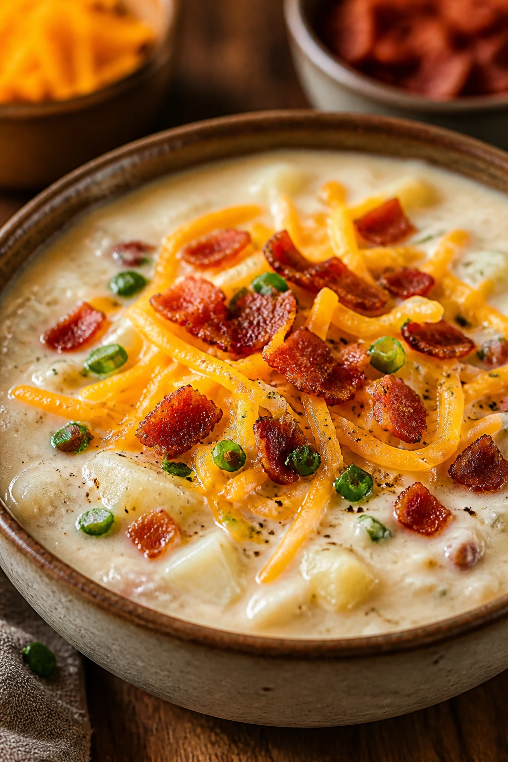 Creamy loaded potato soup in a rustic bowl with cheddar and bacon