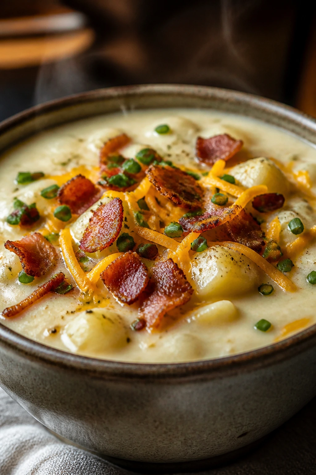 Steaming potato soup with bacon and cheddar in a bowl