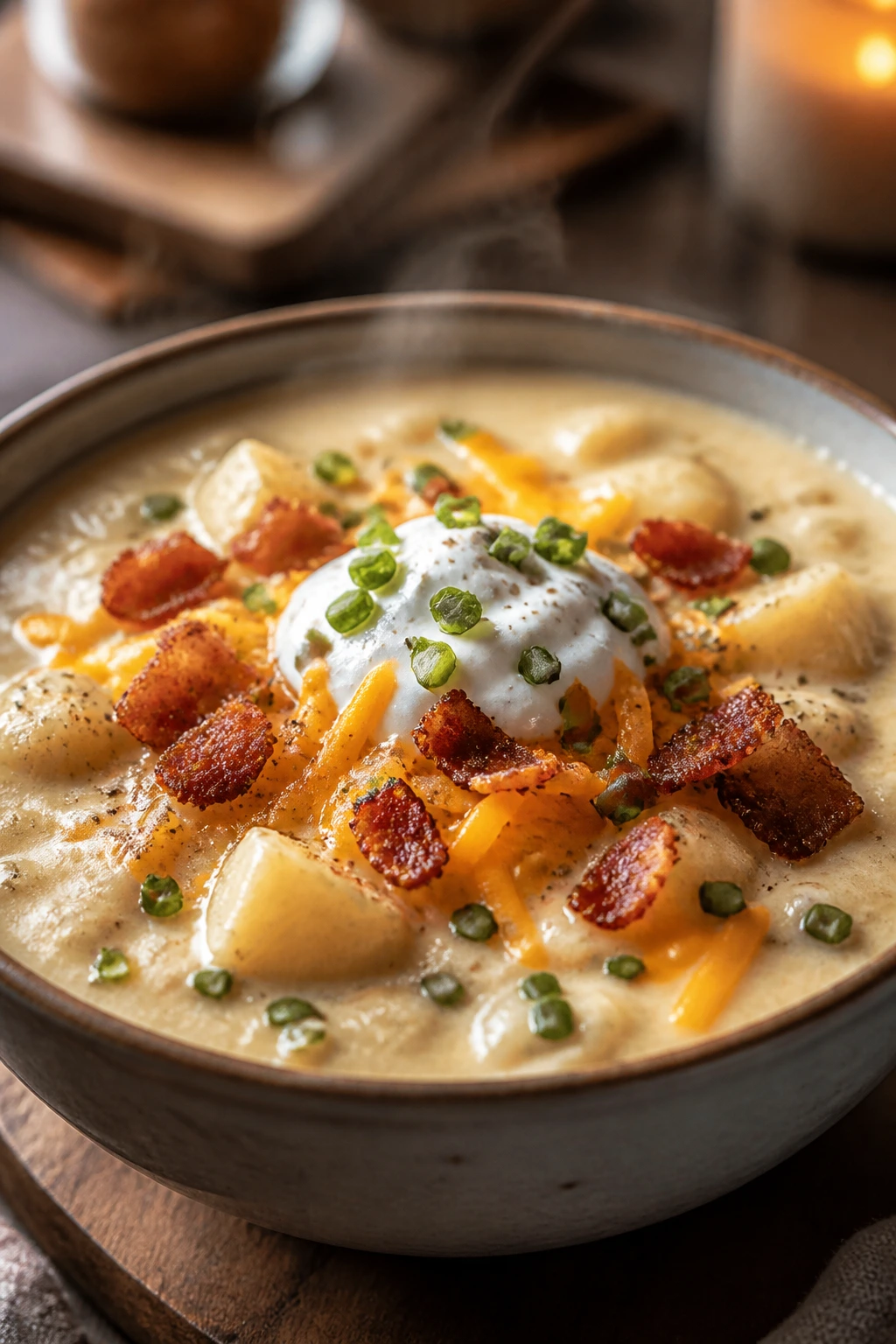 Potato soup with bacon, cheddar, and sour cream in a rustic bowl.