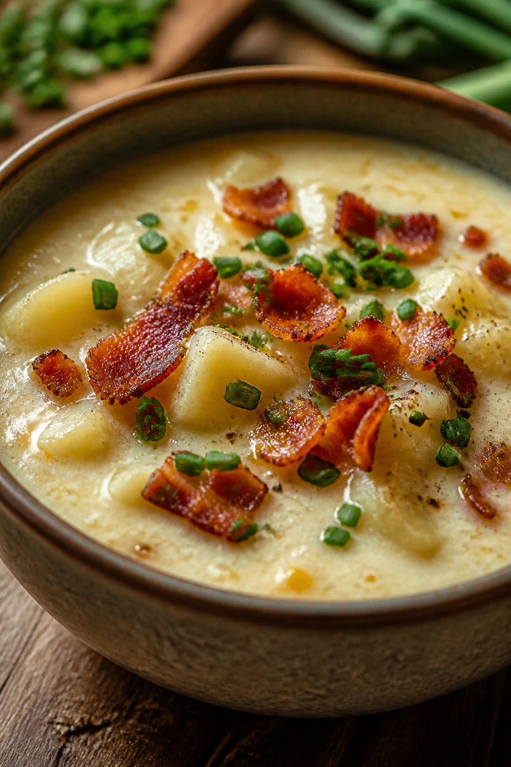 Velvety potato soup topped with bacon and chives in a bowl