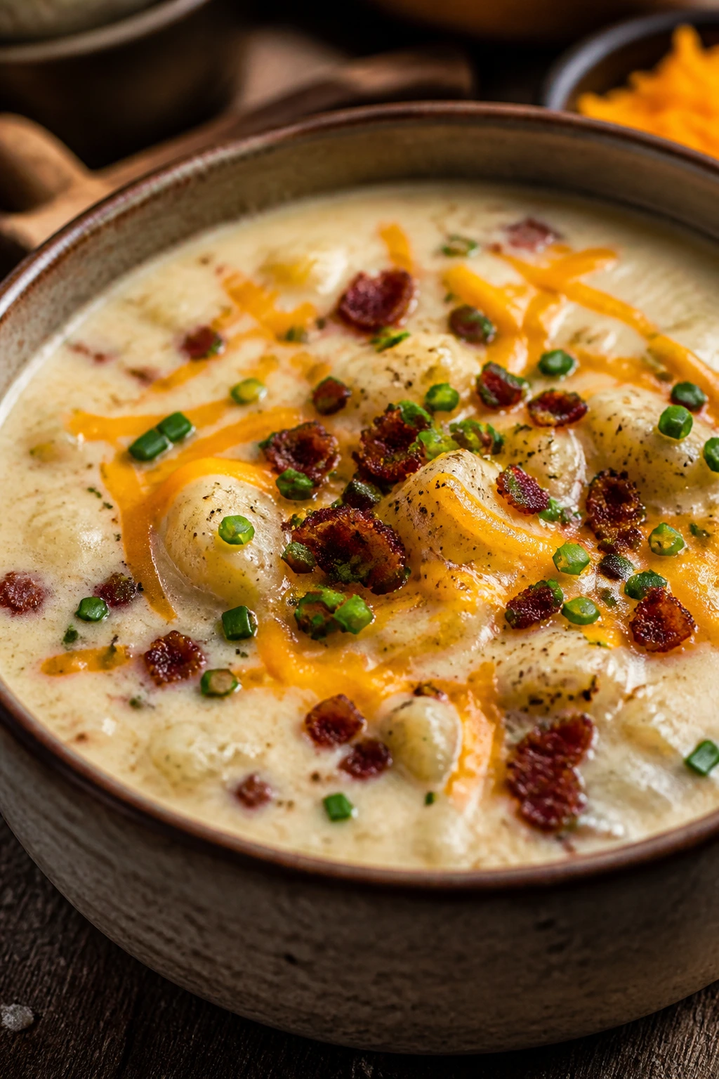 Steaming bowl of loaded potato soup with cheddar on top