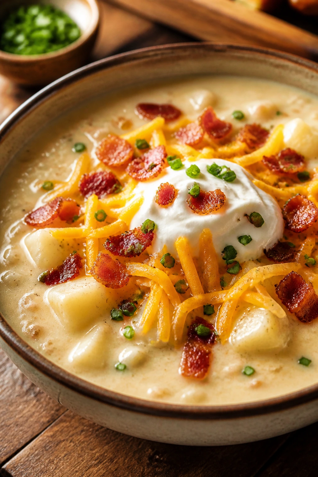 Close-up of Loaded Baked Potato Soup with cheddar, bacon, and sour cream