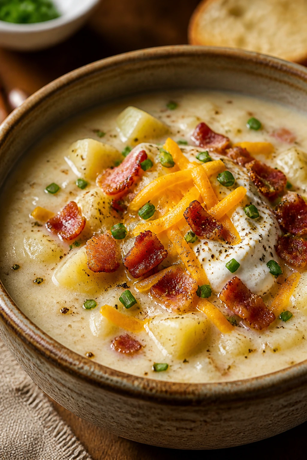 Close-up of loaded potato soup in a rustic bowl