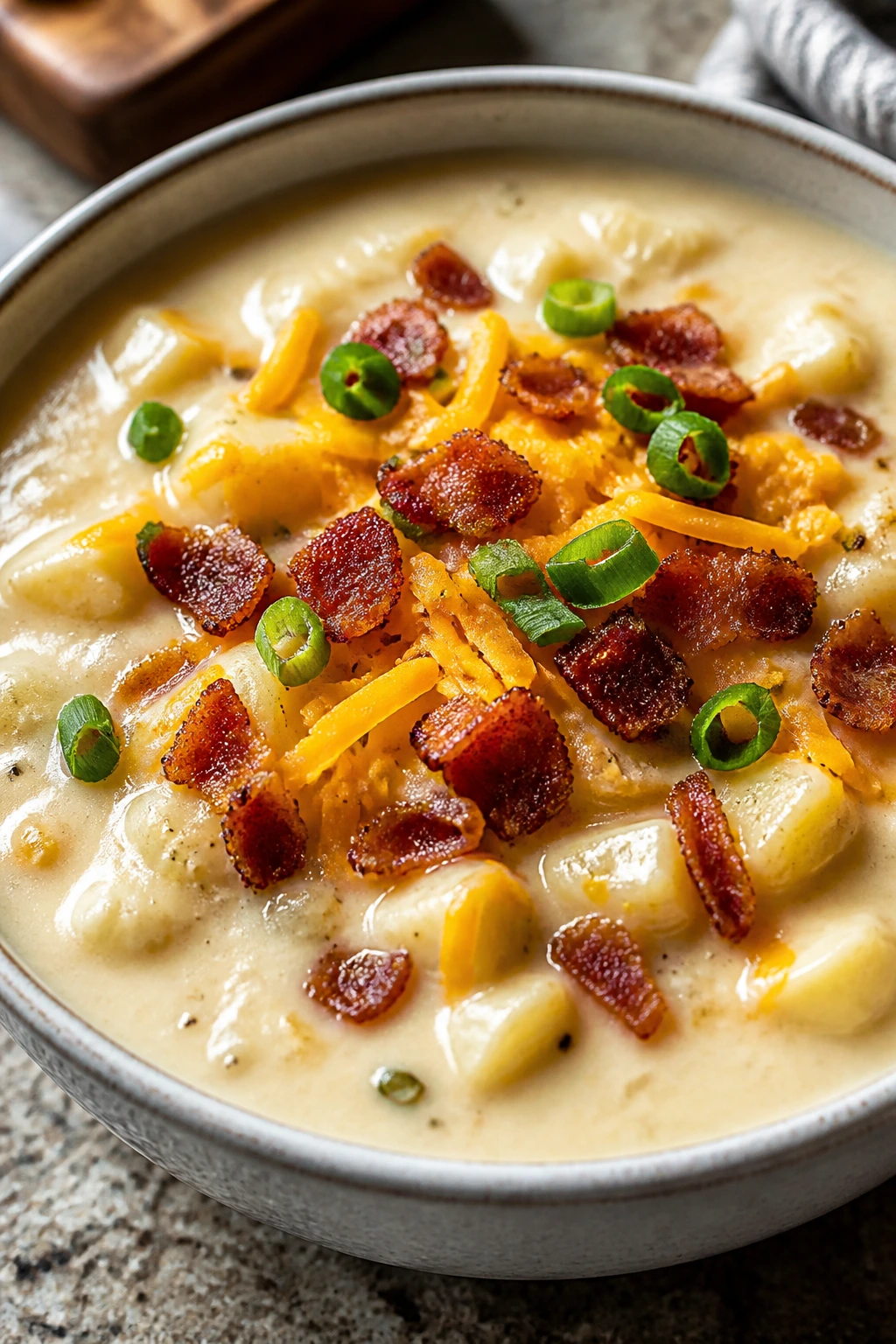 Creamy loaded baked potato soup with cheddar and bacon