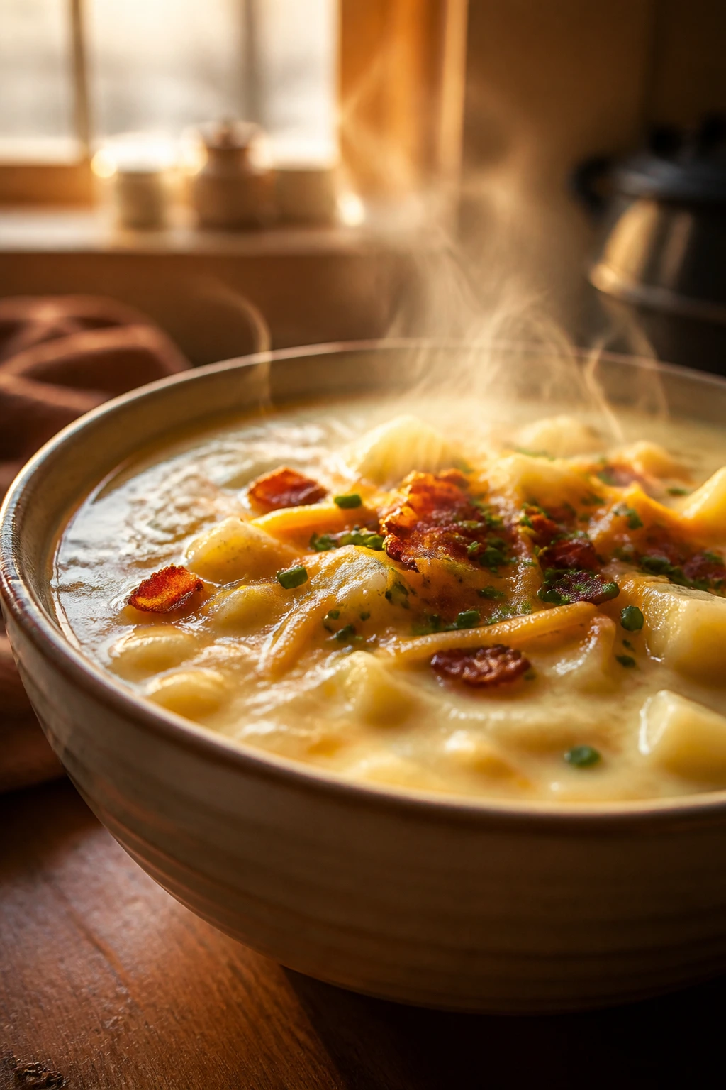 Steaming potato soup in a cozy kitchen