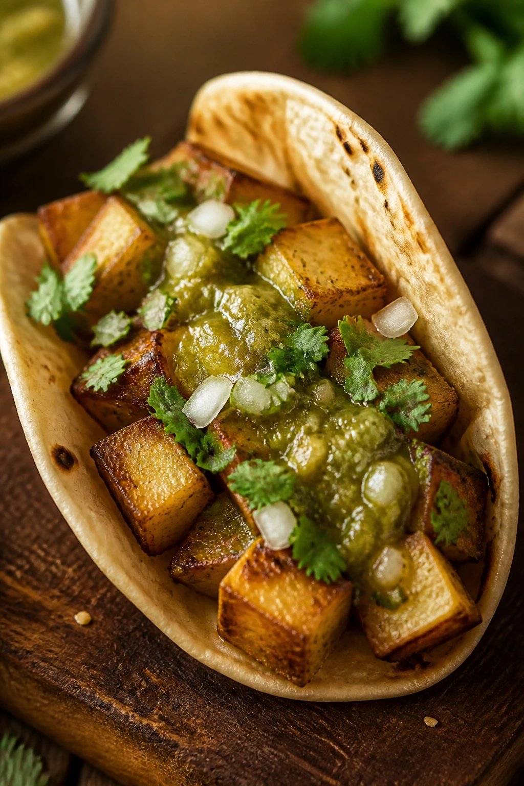 Close-up of a crispy potato taco with salsa verde on a wooden surface.