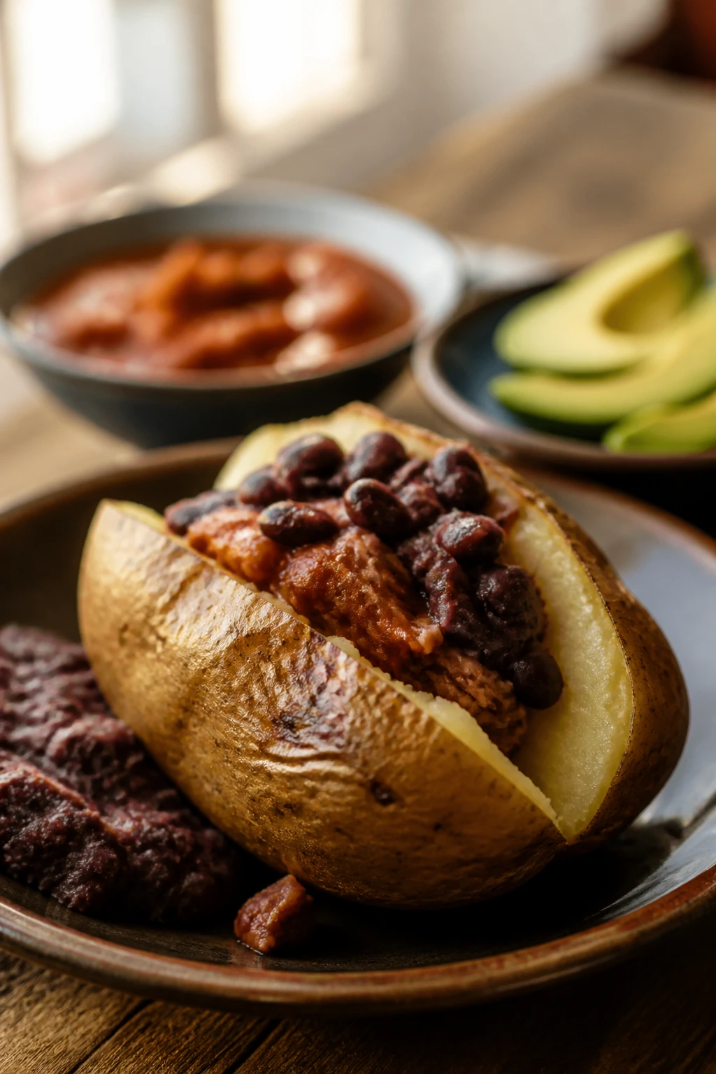 Close-up of a roasted potato with mashed beans and salsa hints on a rustic plate