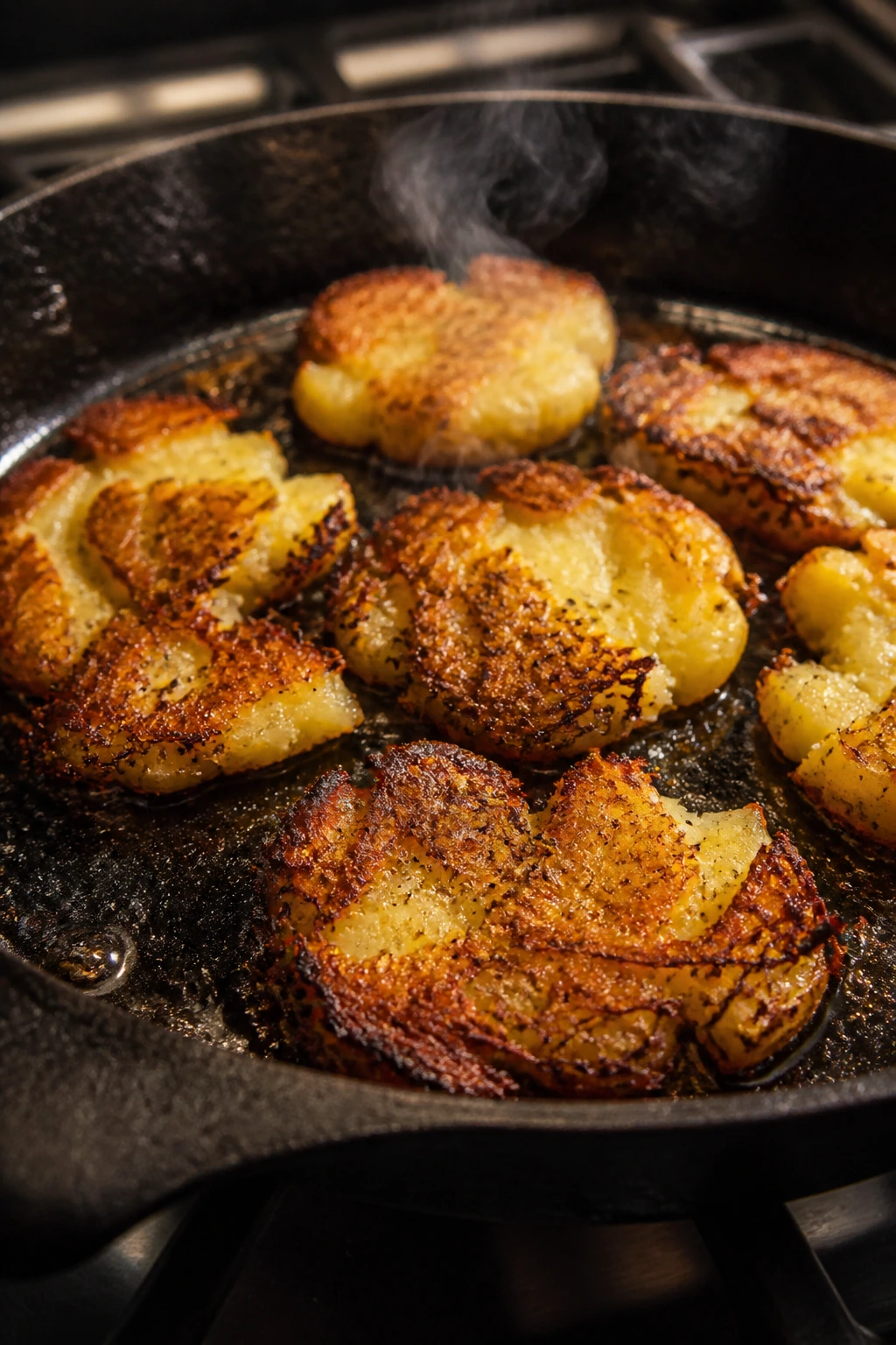 Crispy smashed potatoes browning on a hot cast-iron skillet