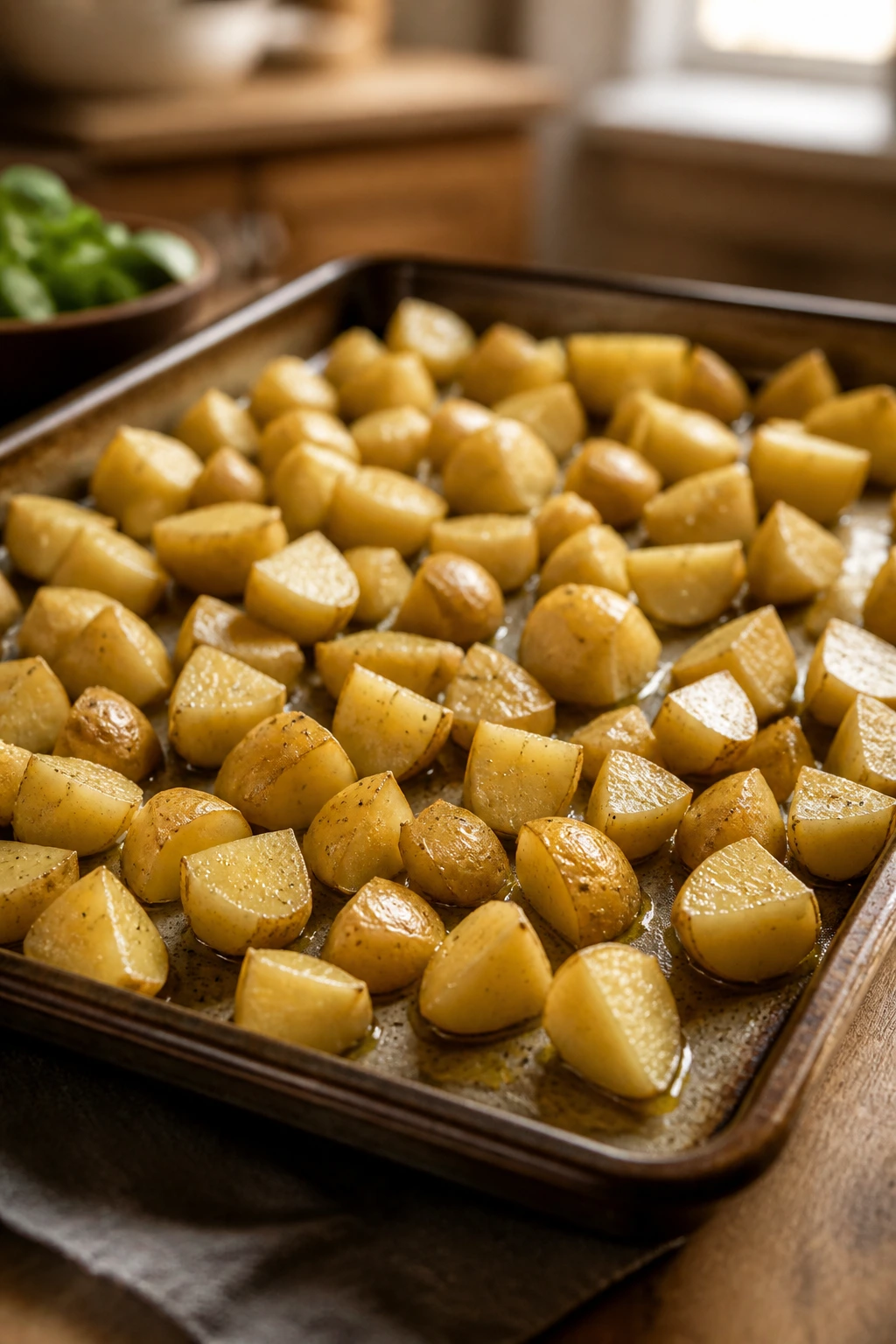 Sheet pan with neatly spaced potato pieces ready for roasting