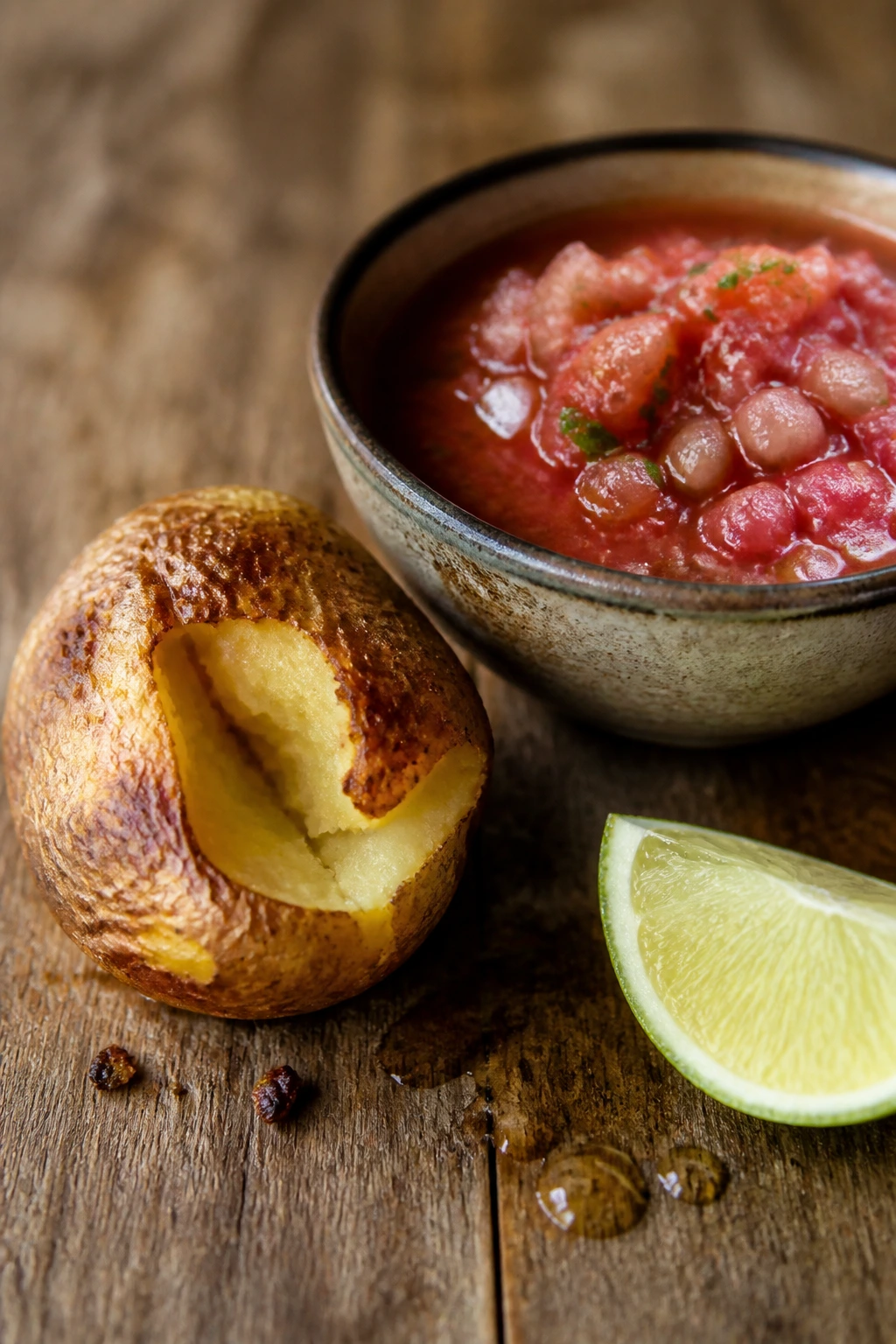 Close-up showing undercooked potato center, watery salsa, and lime droplets on wood