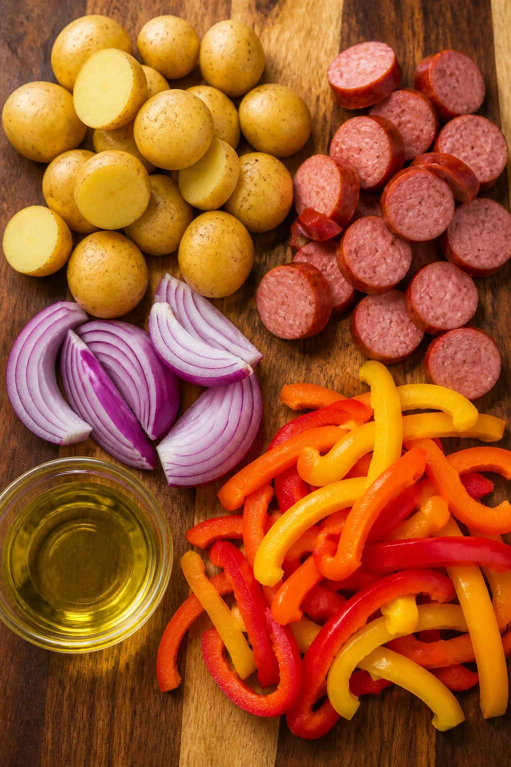 Top-down view of key ingredients for the dairy-free sheet-pan dinner