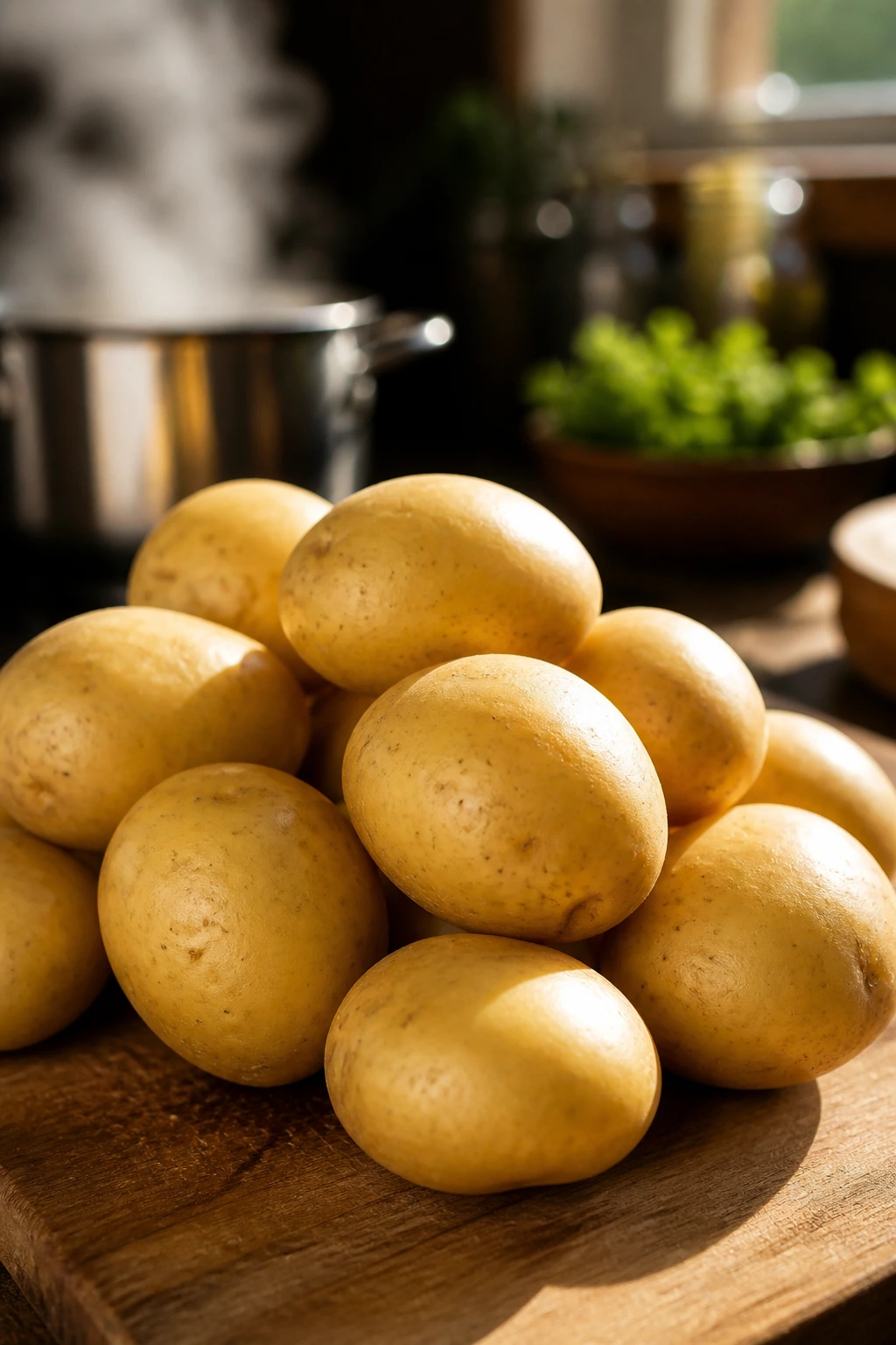 Uniform Yukon Gold potatoes arranged on cutting board