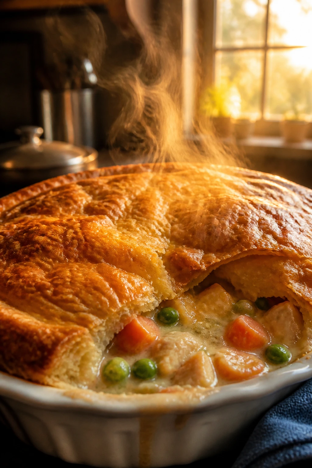 Steaming pot pie with golden crust in a cozy kitchen for cold nights