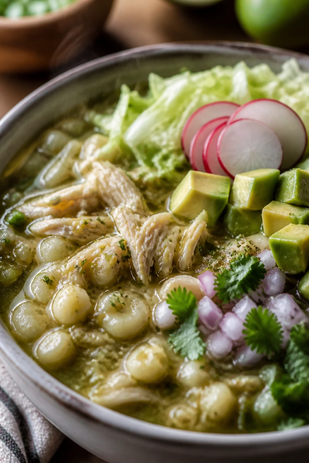 Close-up of pozole verde with chicken in a bowl