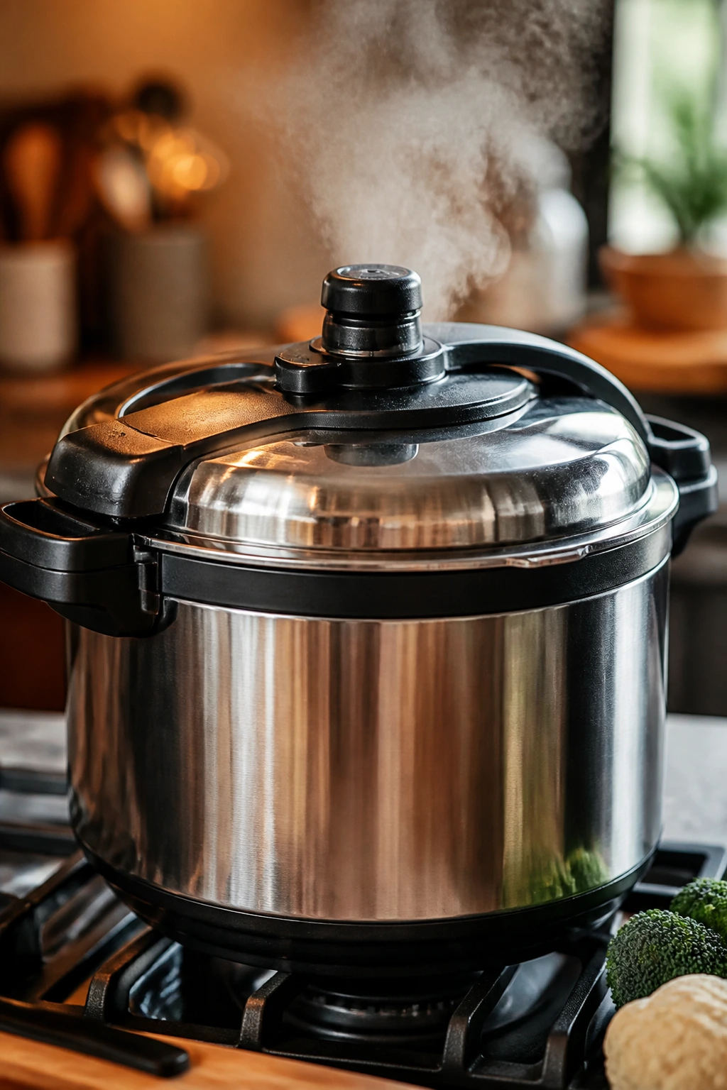 Stainless steel pressure cooker on a stove with steam in a cozy kitchen