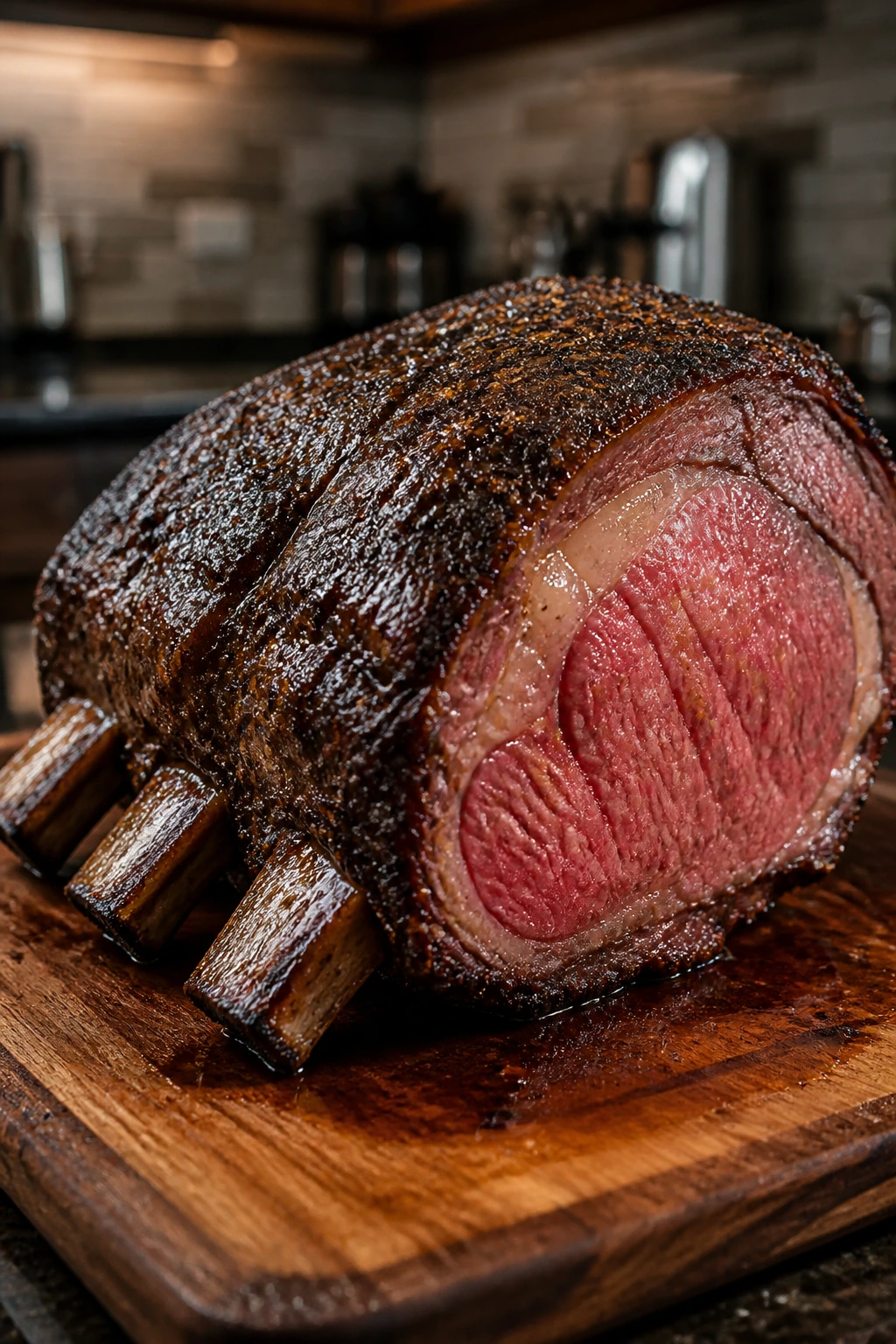 Close-up of bone-in reverse-seared smoked prime rib with dark crust and rosy center on wooden board