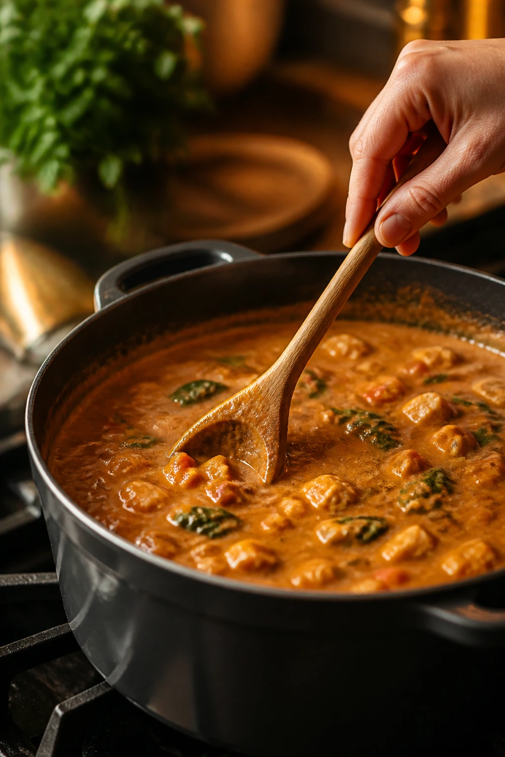 Close-up of a simmering sauce in a pot with a wooden spoon, suggesting professional tips