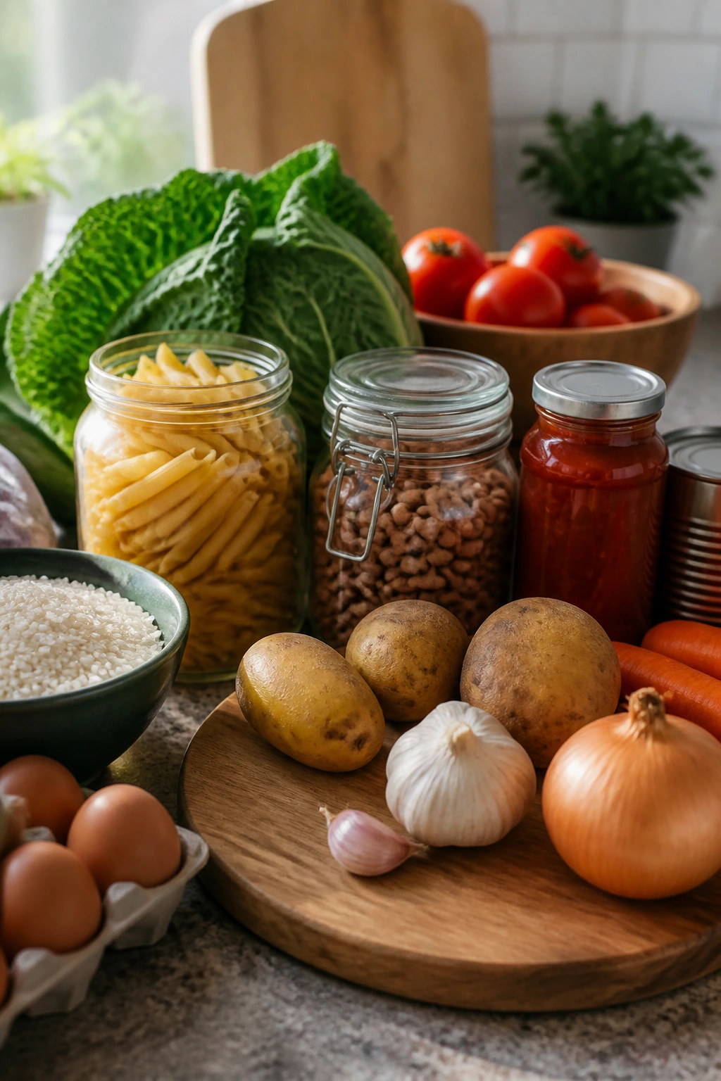 Close-up of affordable produce and pantry staples on a counter.