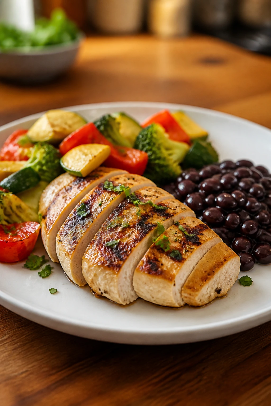 Plate of protein-forward dinner with chicken, vegetables, and beans