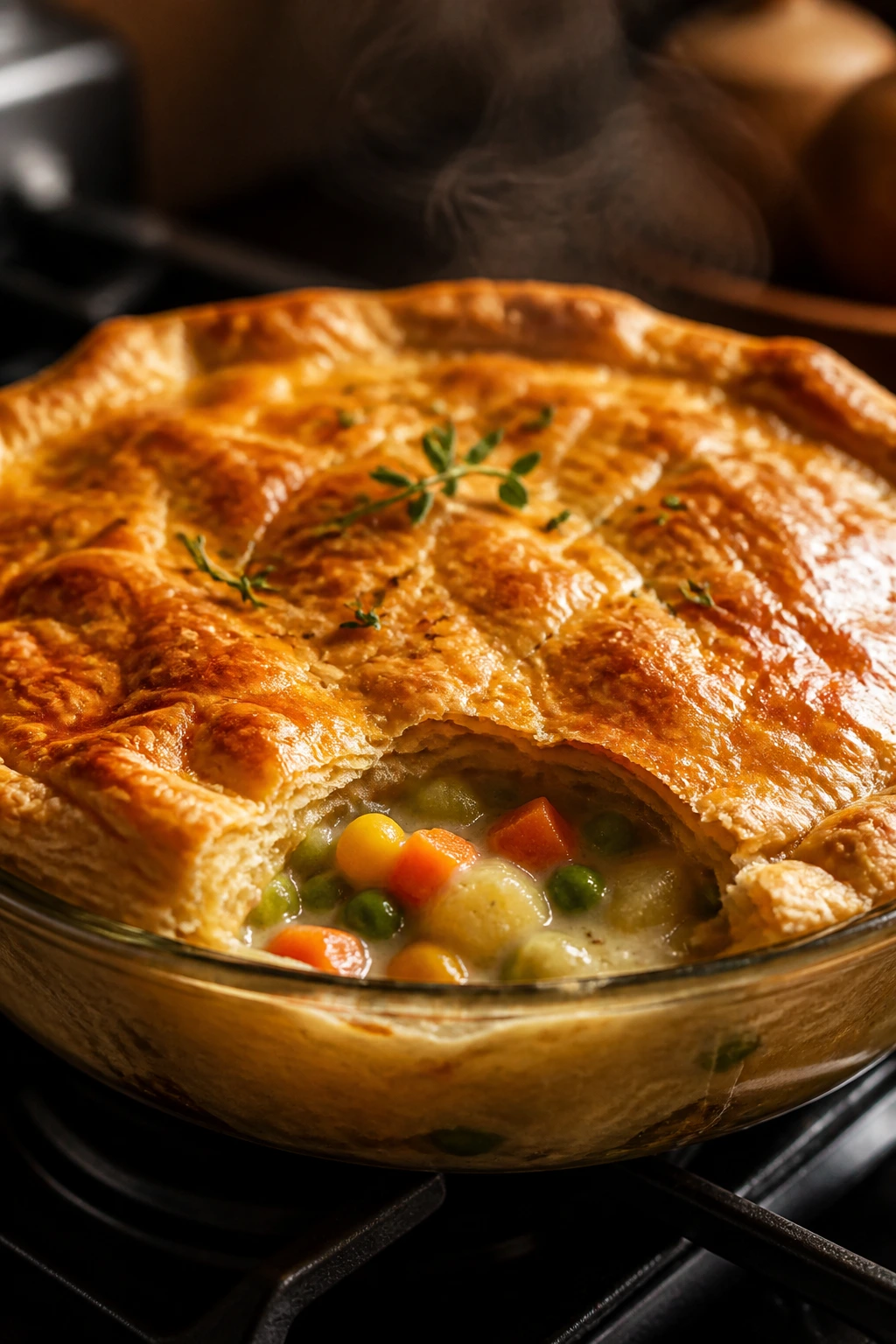 Puff pastry-topped vegetable pot pie steaming
